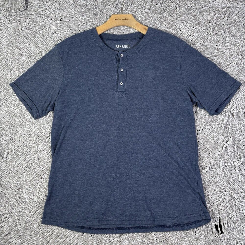 ASH & ERIE Henley T-Shirt Mens Large Blue Short Sleeve Designer Preppy Stretch